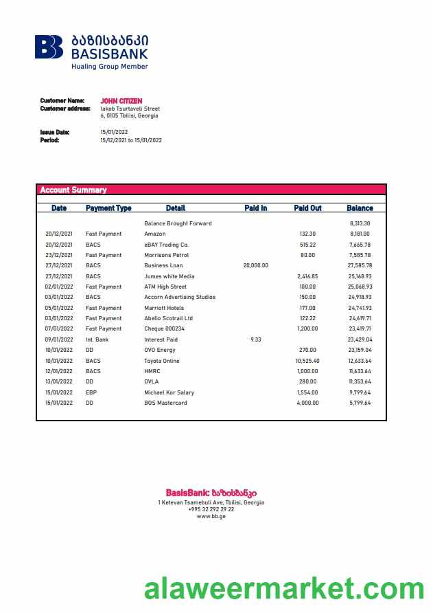 Georgia Basis Bank statement